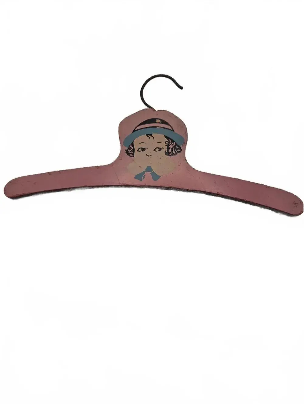 Vintage 1940s Pink Wood Child Hanger Painted Girl Face Blue Hat Bow